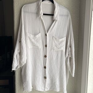 GeeGee White Cotton Gauze Oversized Spring Summer Vacation Cover Up Blouse XL